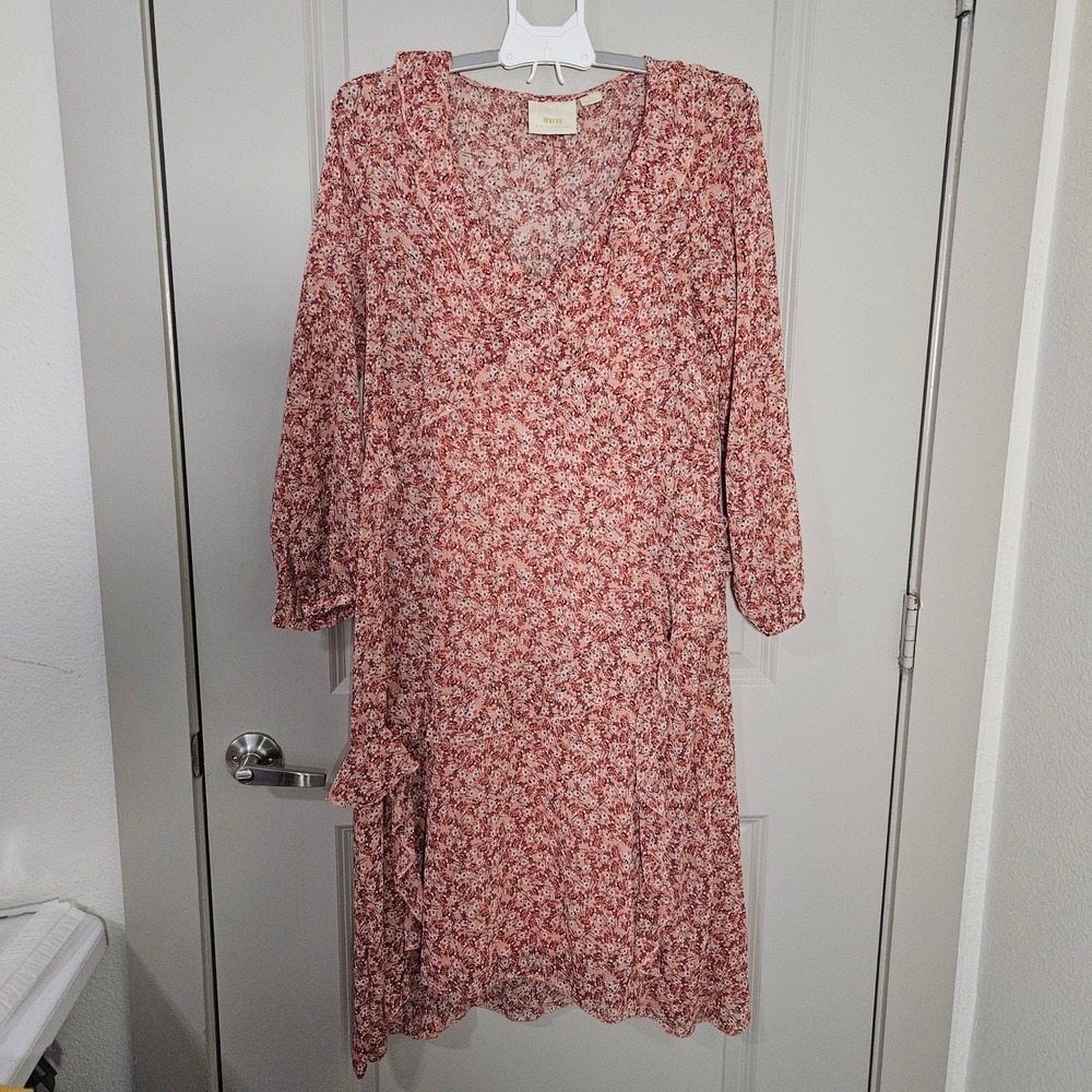 Maeve by Anthropologie Floral Print Midi Dress Women's Sz S Pink Red Long Sleeve